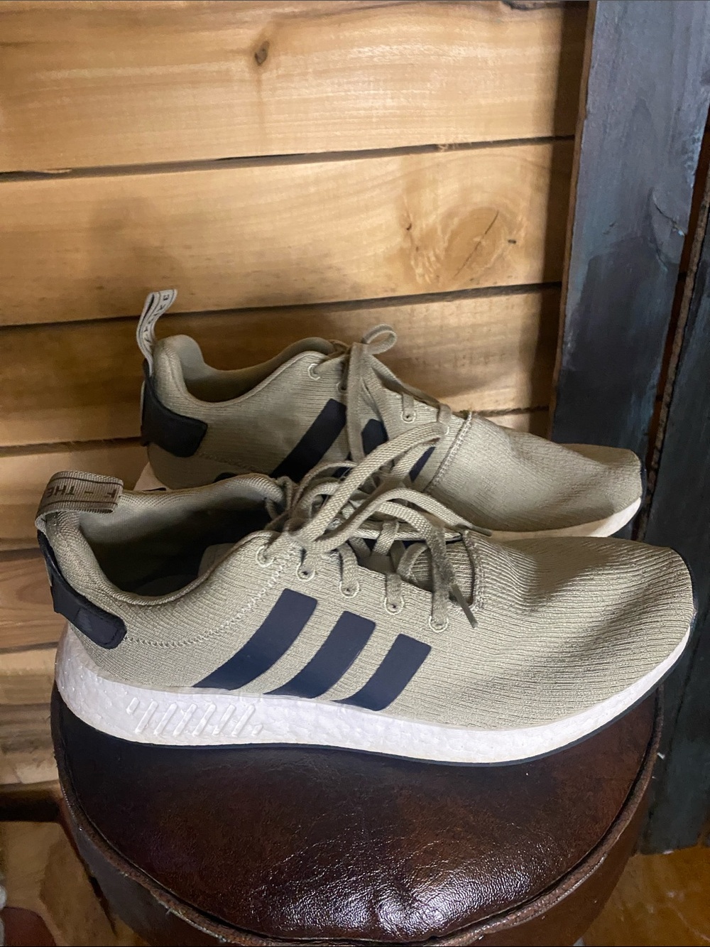 Adidas Men's light olive green Athletic Sneakers with black Stripes size 10